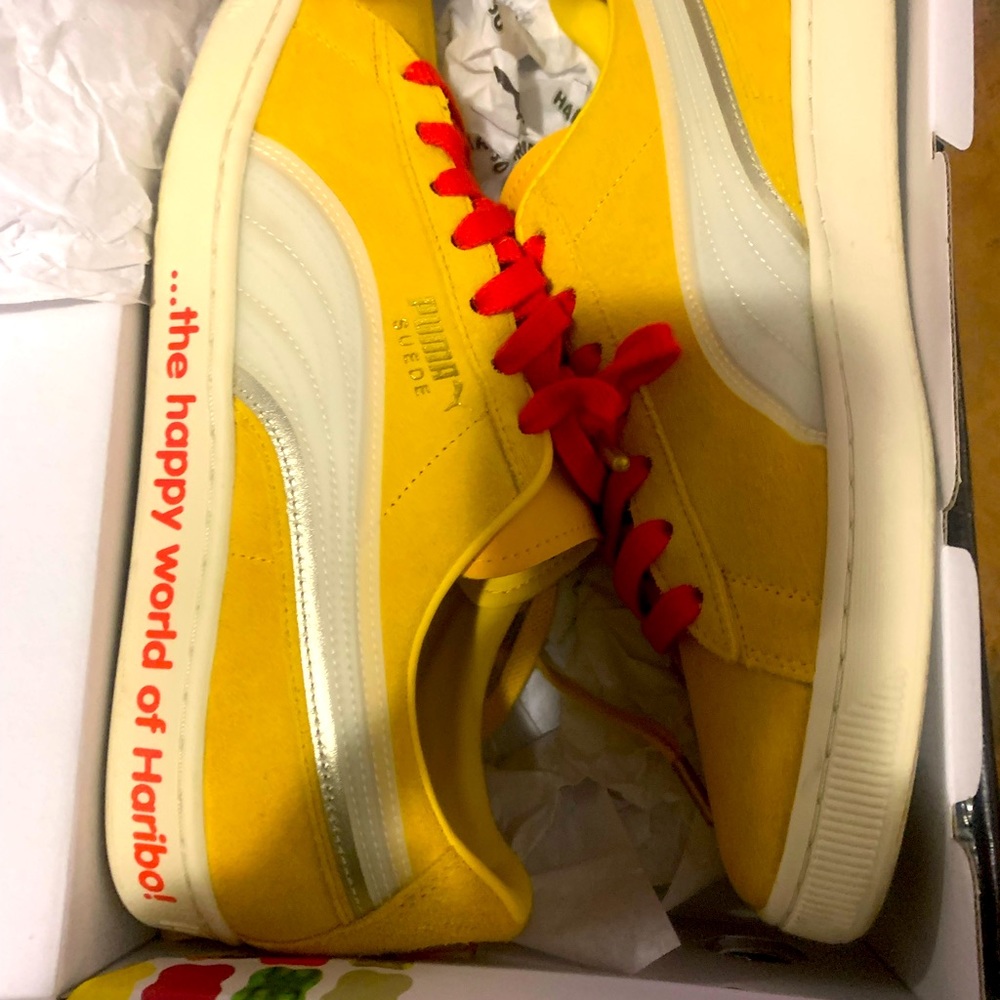 Haribo Gummy Bear Puma Yellow cream and burnt orange size 12 worn 1x. Exclusive